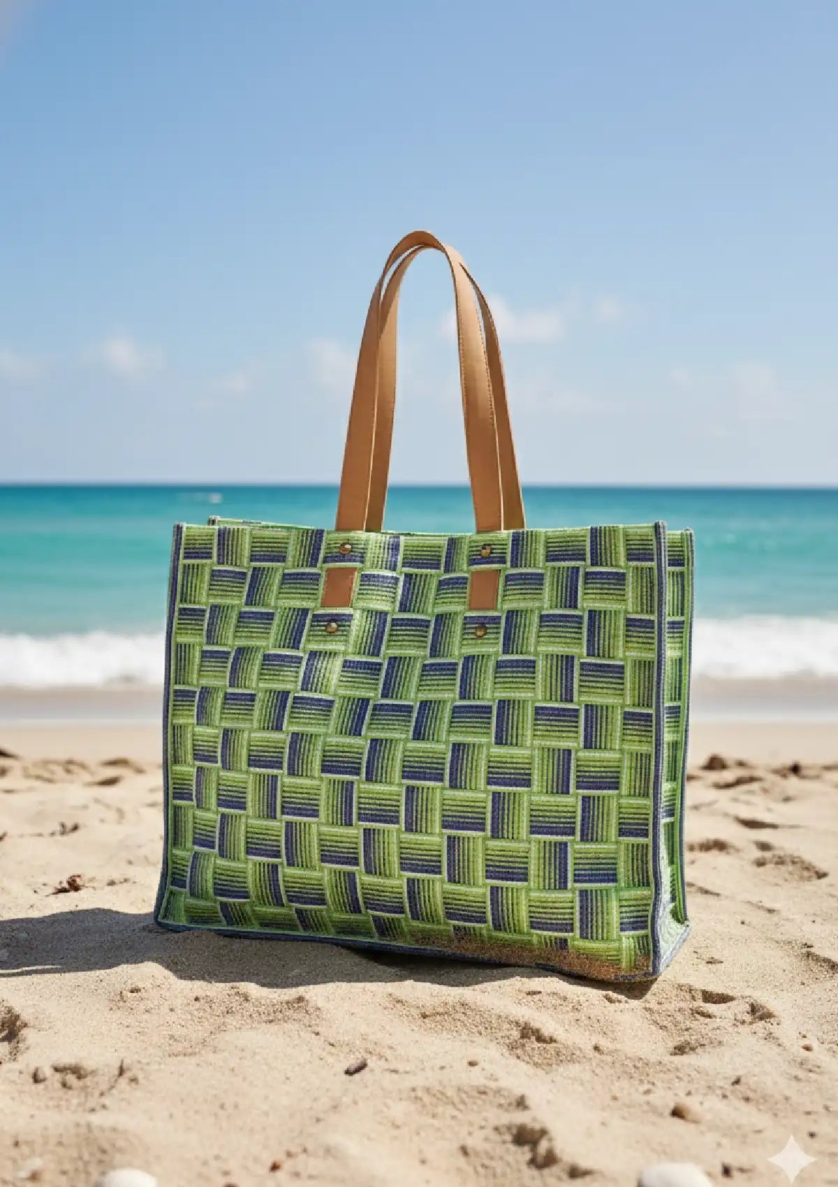 Green Basket Weave beach bag for women