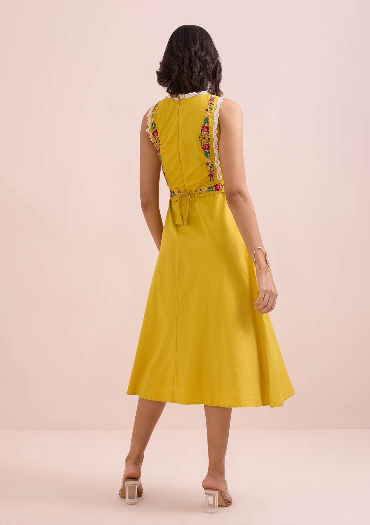 Best El Sol Mustard Midi Embroidered crew neck dress for women by IshqME