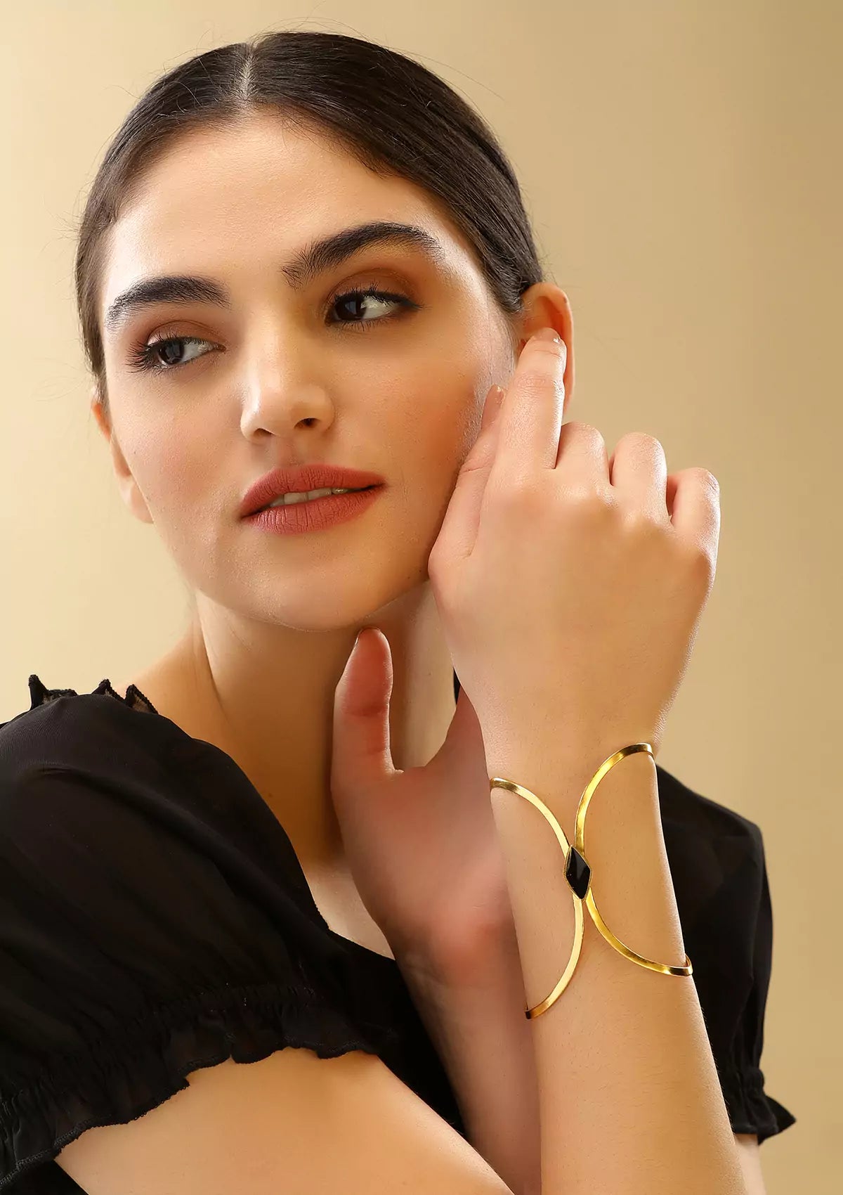 Black enamel cuff gold plated bracelet for women
