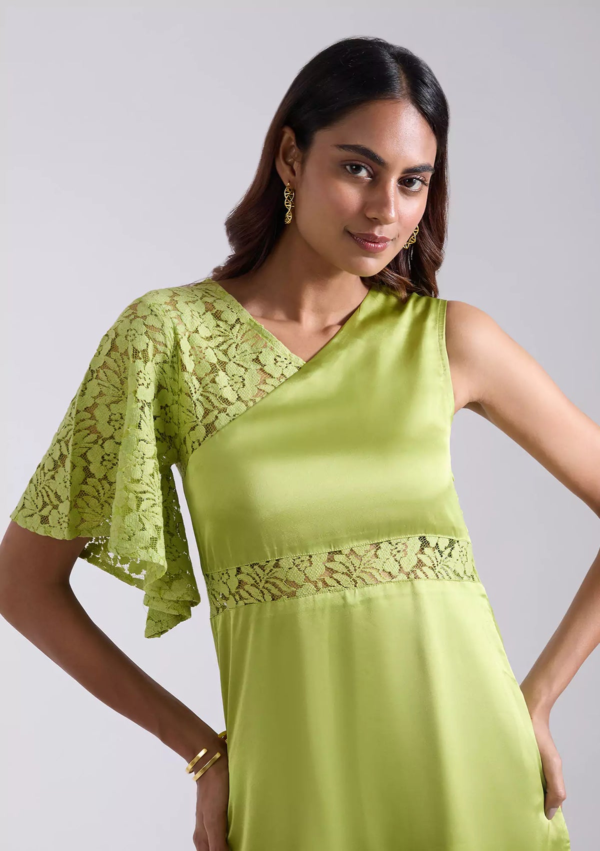 Buy Artemis Lace Asymmetrical Neckline Dress online for women at IshqME