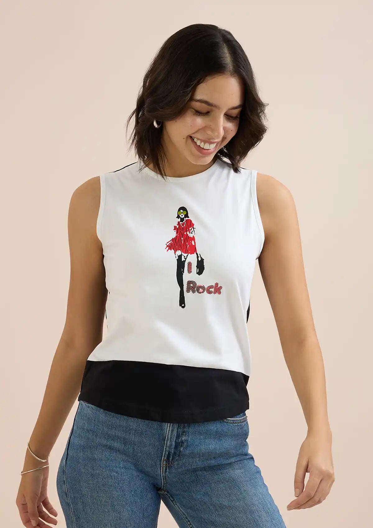 Buy Black and White Sleeveless t-shirt online at IshqME