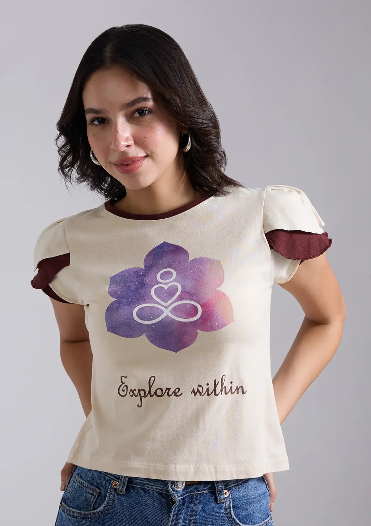 Buy Printed Petal Sleeve t-shirt for women at IshqME