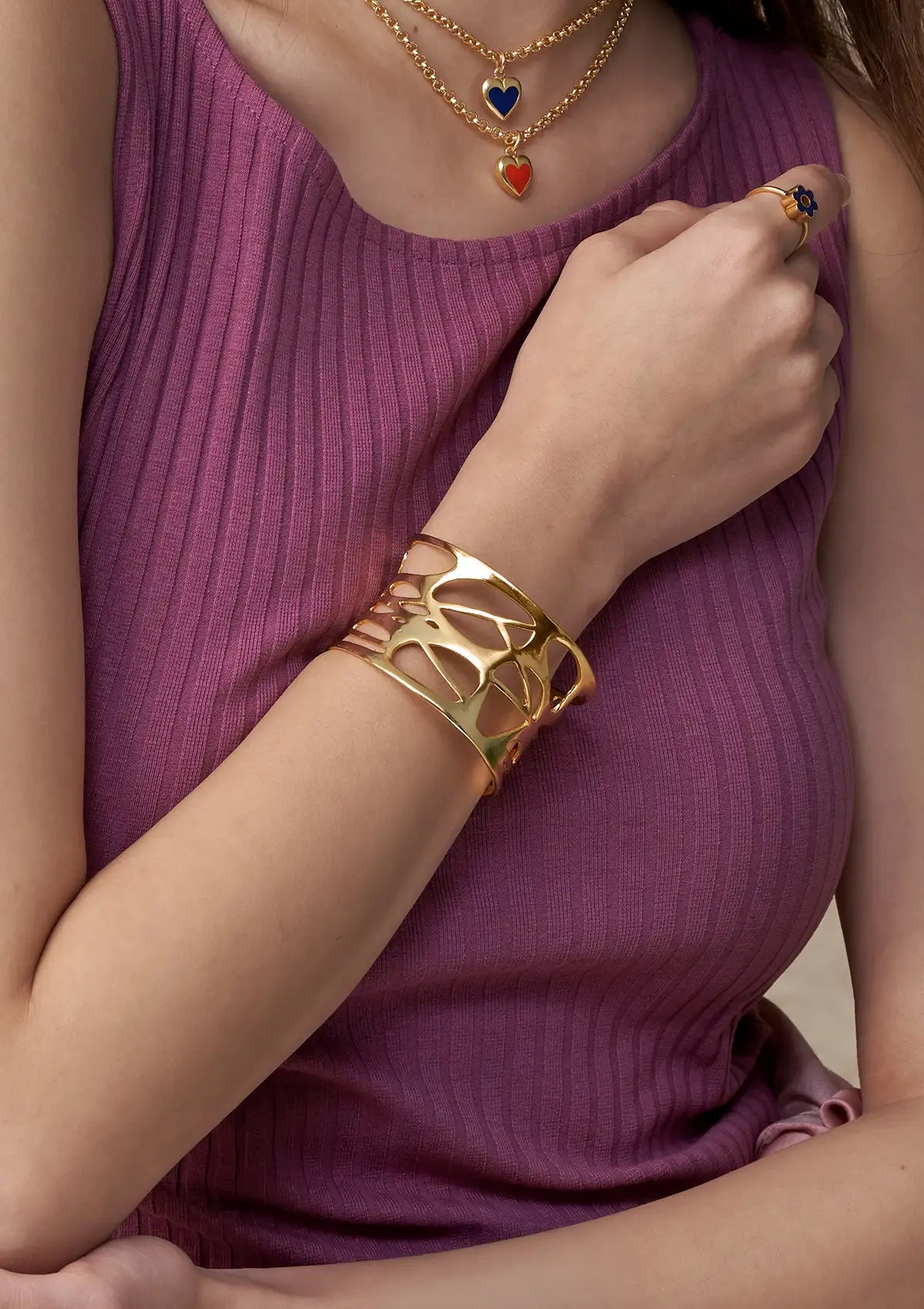 Chunky cutwork cuff gold plated bracelet for women