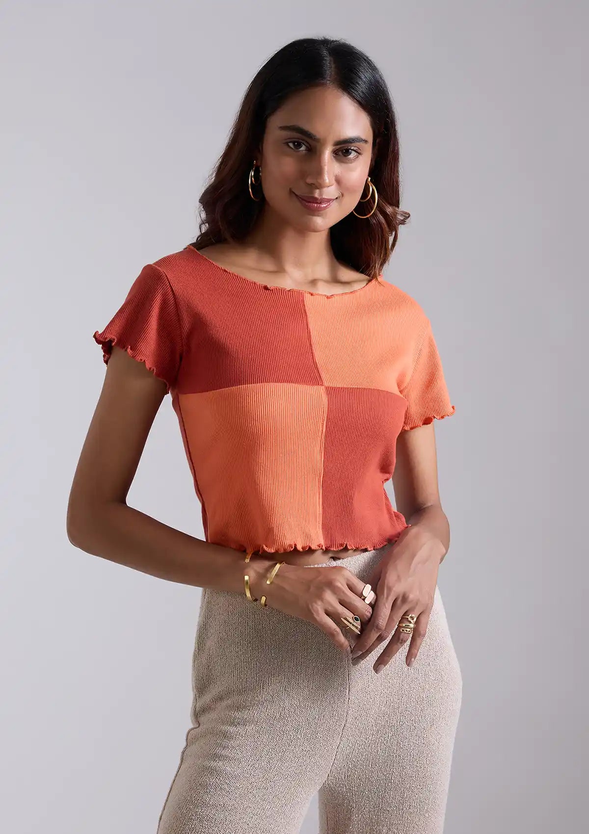 Colour Blocked Rib Crop Top for Women