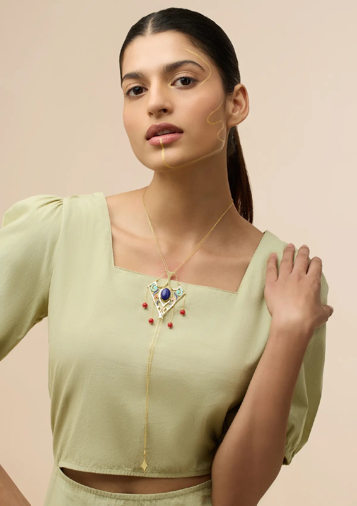 Coral lapis lazuli gold plated necklace for women