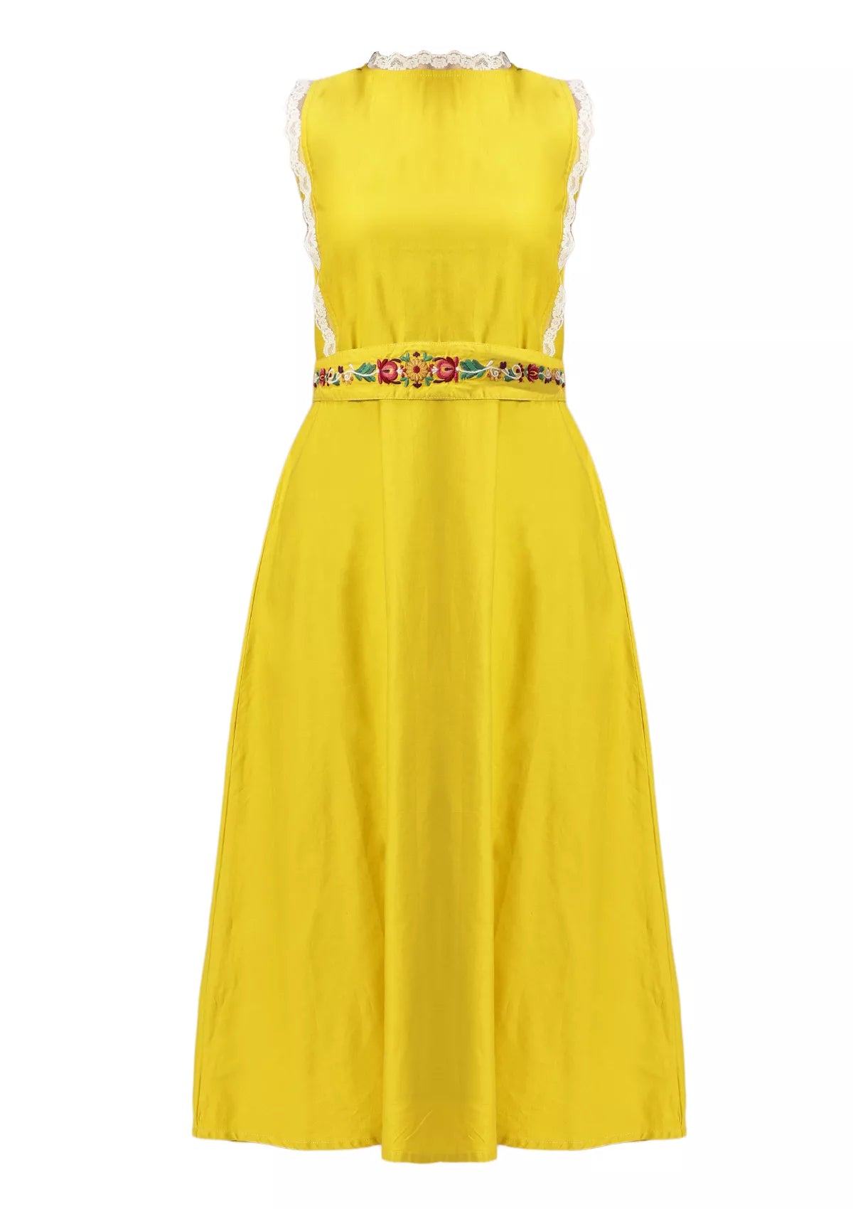El Sol Mustard Midi Embroidered crew neck dress online for women at IshqME