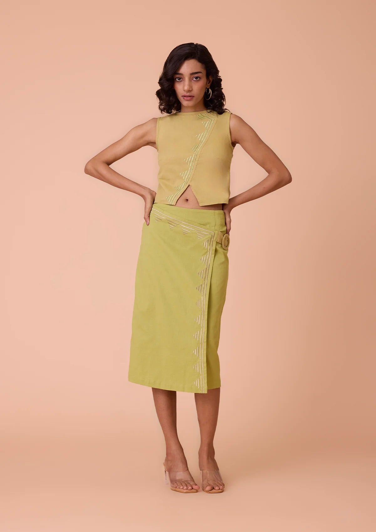 Aurenya Cross panel linen embroidered crop top For Women
