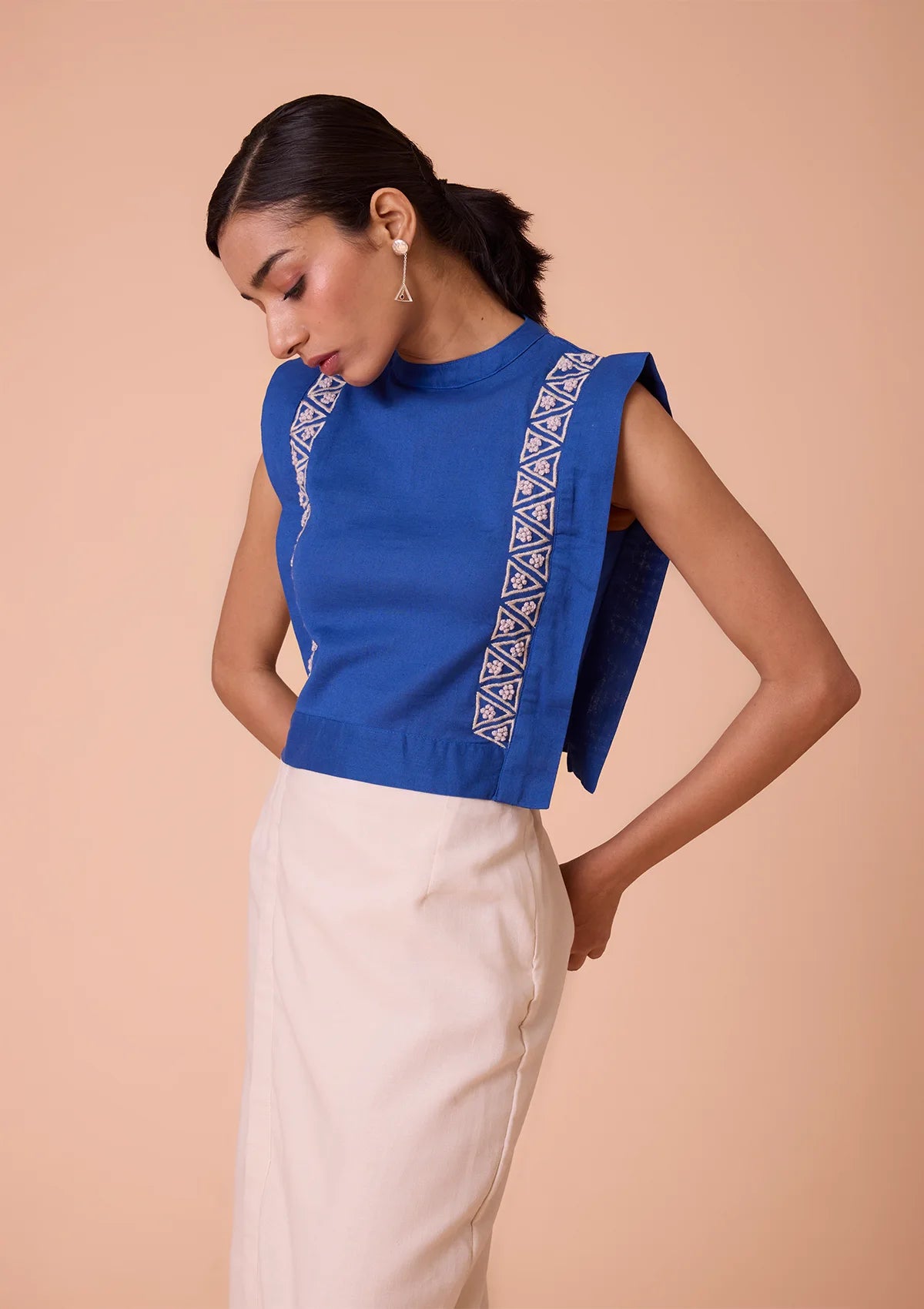 Selune Collar Band Neck and Embroidered Blue Crop Top Price