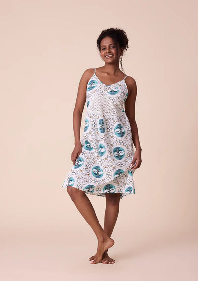 Gerana - Printed Strap Dress with Lace Panel in Cotton Satin