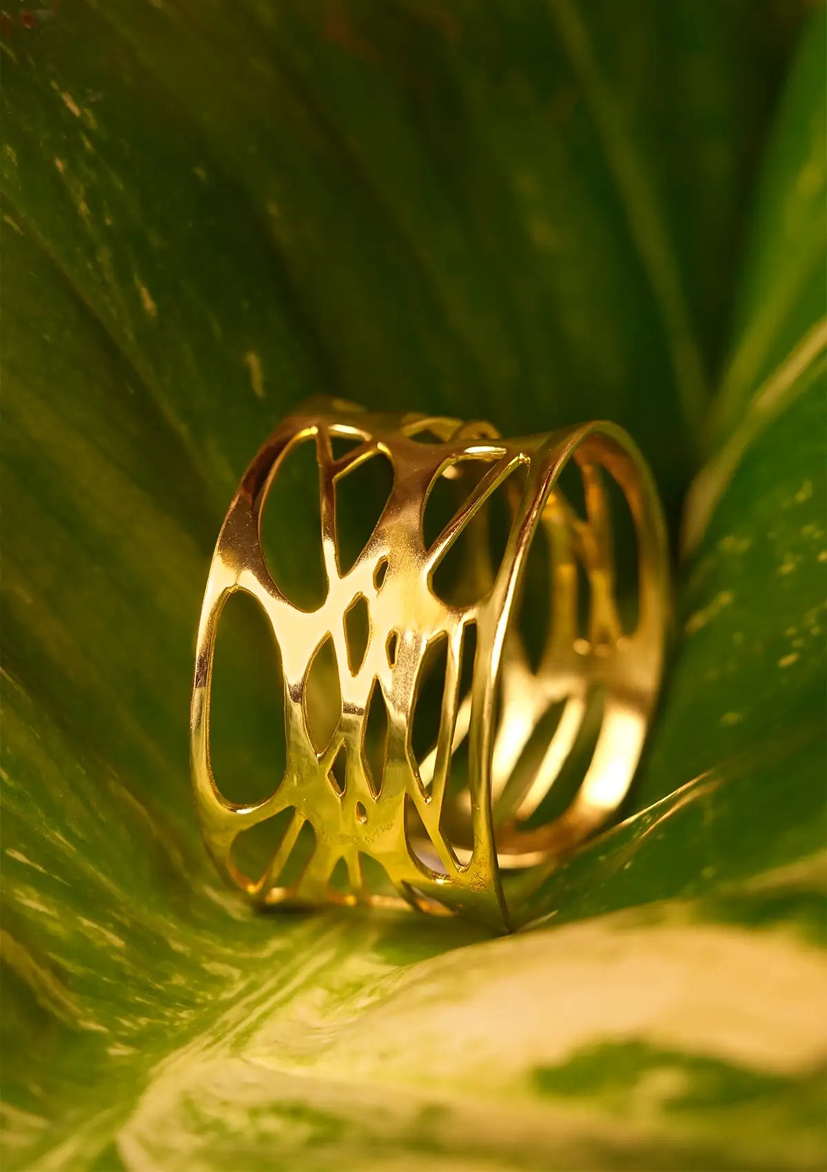 Gold plated chunky cutwork cuff bracelet for women