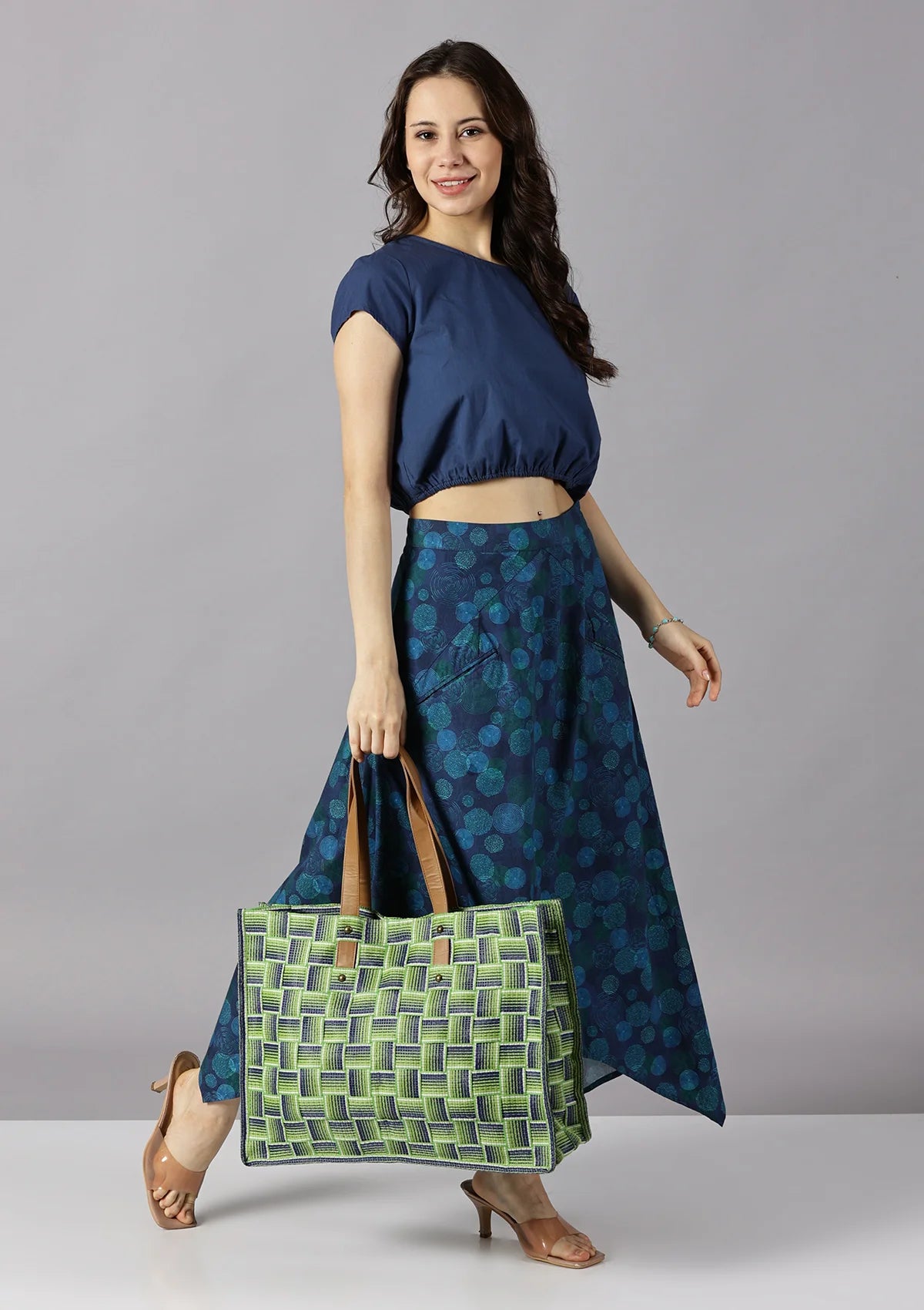 Green Basket Weave beach bag for women