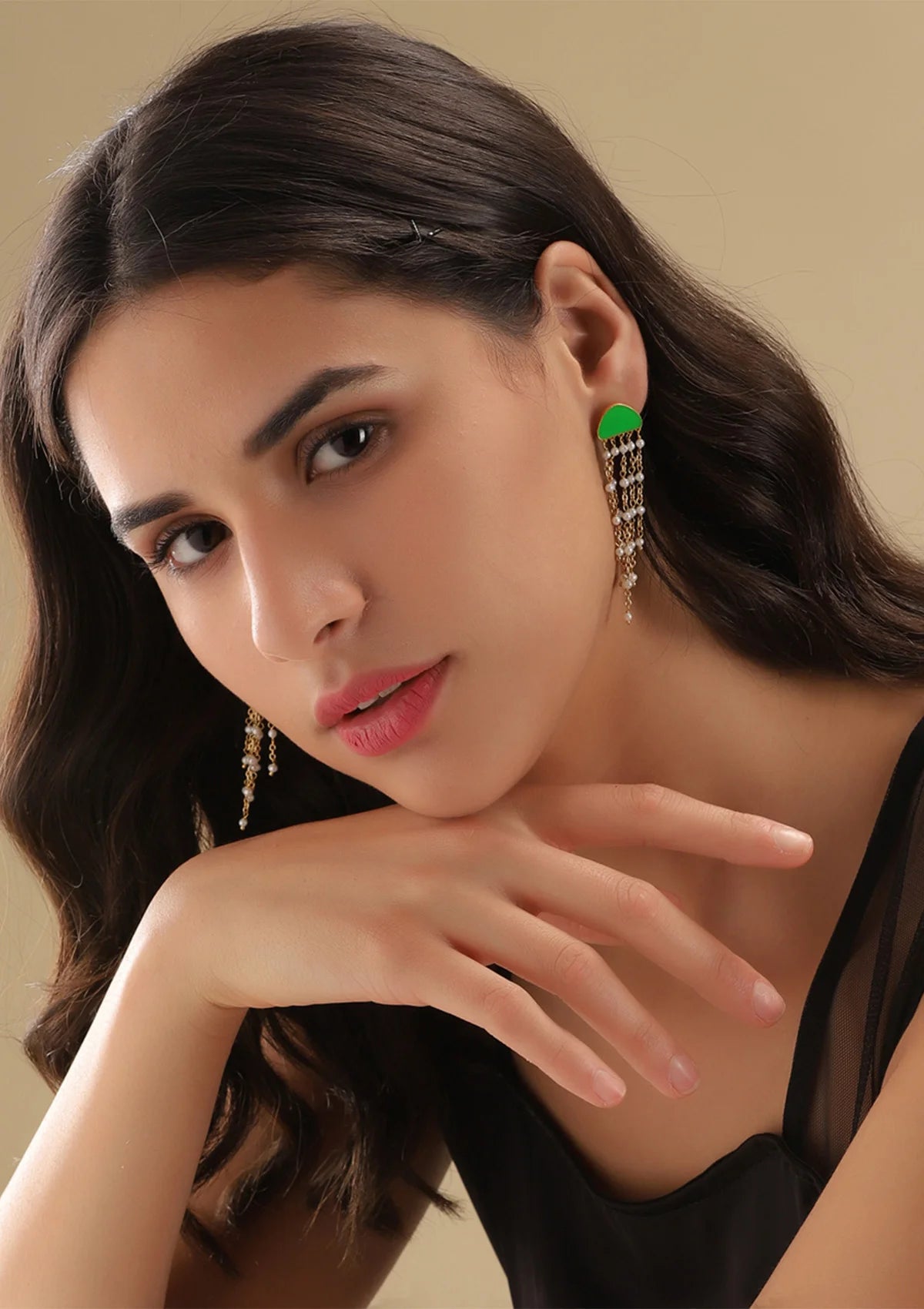 Green enamel tassel earrings for women