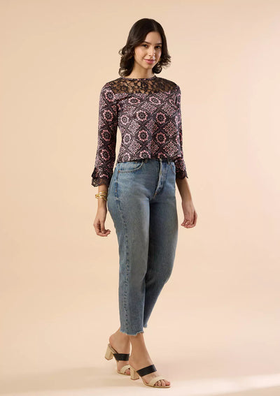 Jamila - Moroccan printed Lace Accent Blouse