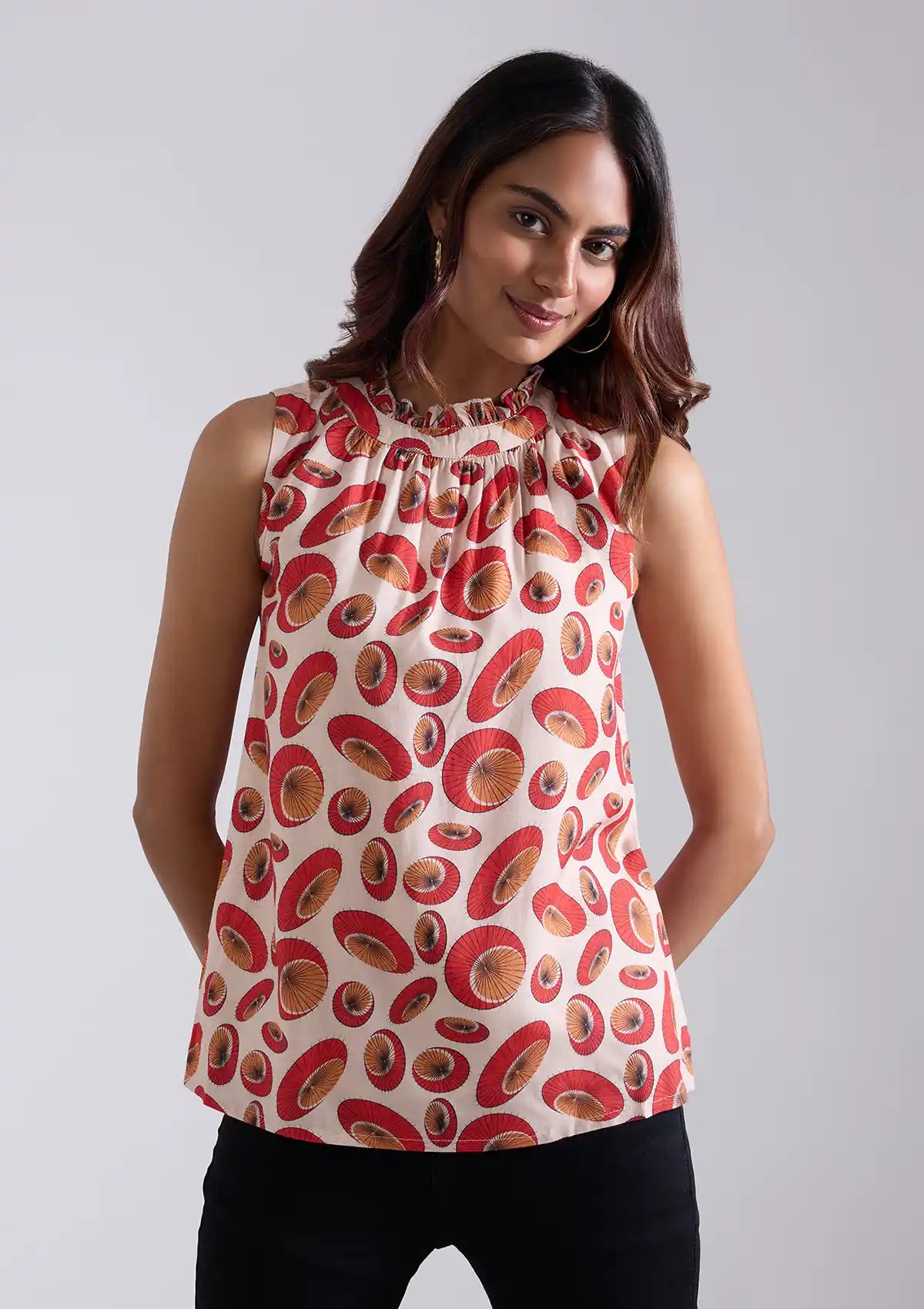 Kasa - Printed Frilled Neck Top for women online