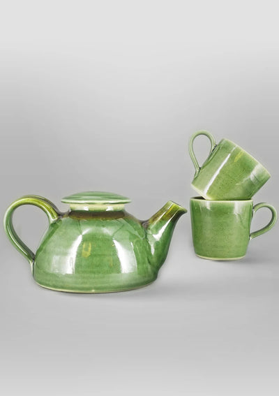 IshqME's Olive Green Tea Set: Teapot & 2 Tea Cup Ensemble
