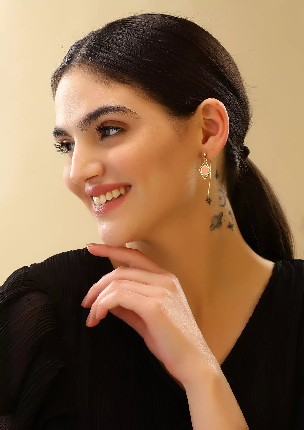 Pink enamel gold plated drop earrings for women
