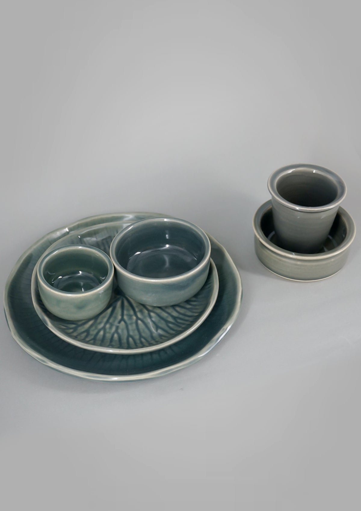 IshqME's Graceful Dining and Morning Delight Combo: Grey Green Ceramic Serving Set & Grey Coffee Set - IshqMe
