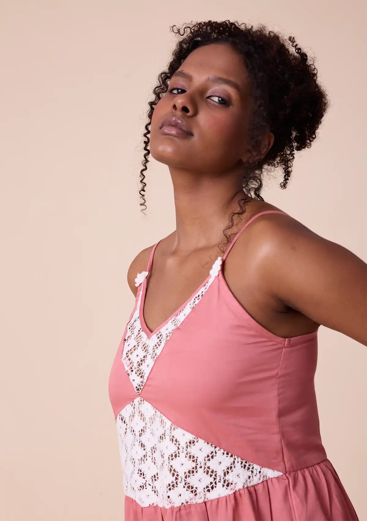 Aphra strap dress with lace panel and floral lace at hem Online