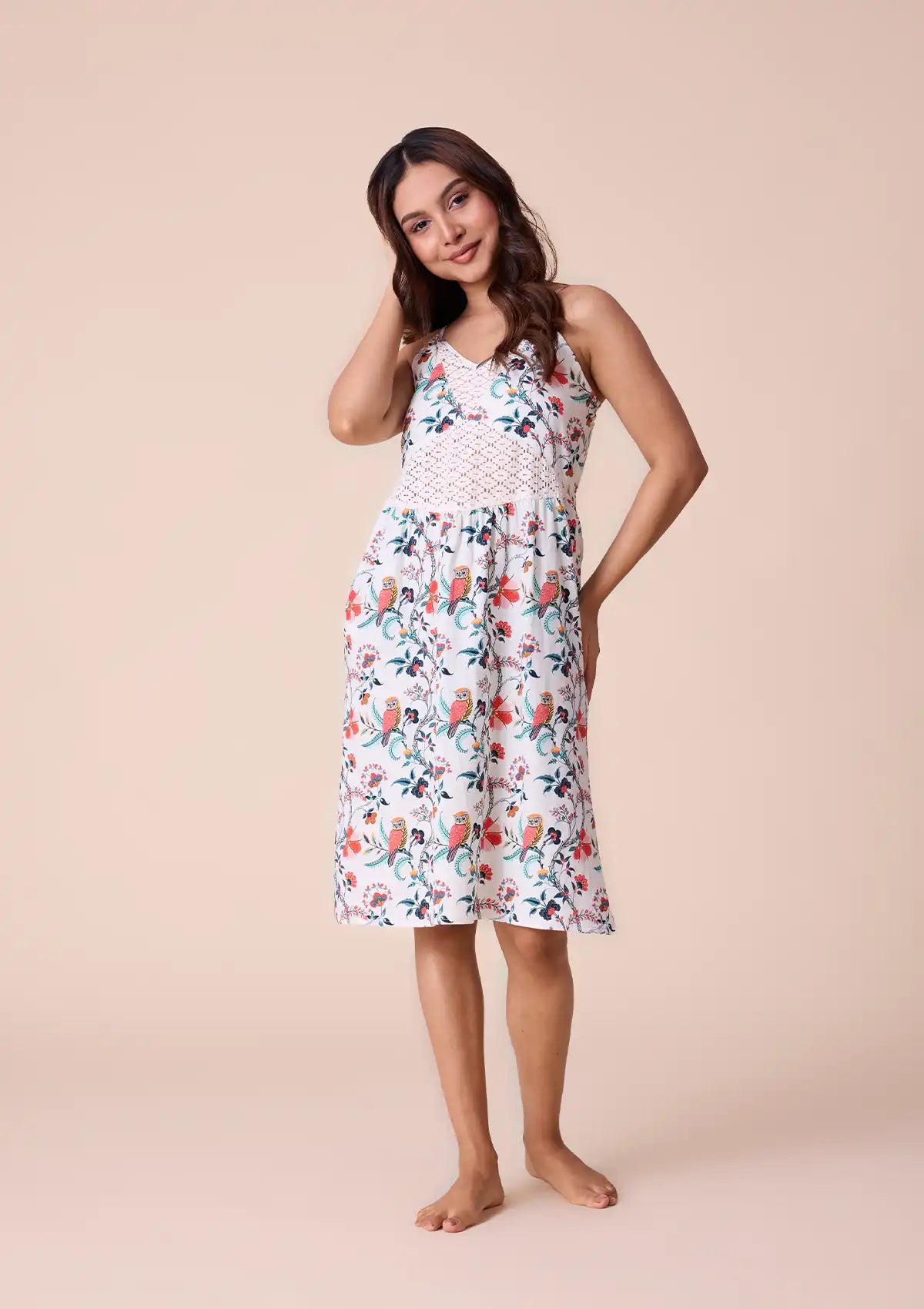 Athena printed strap dress with lace panel For Women