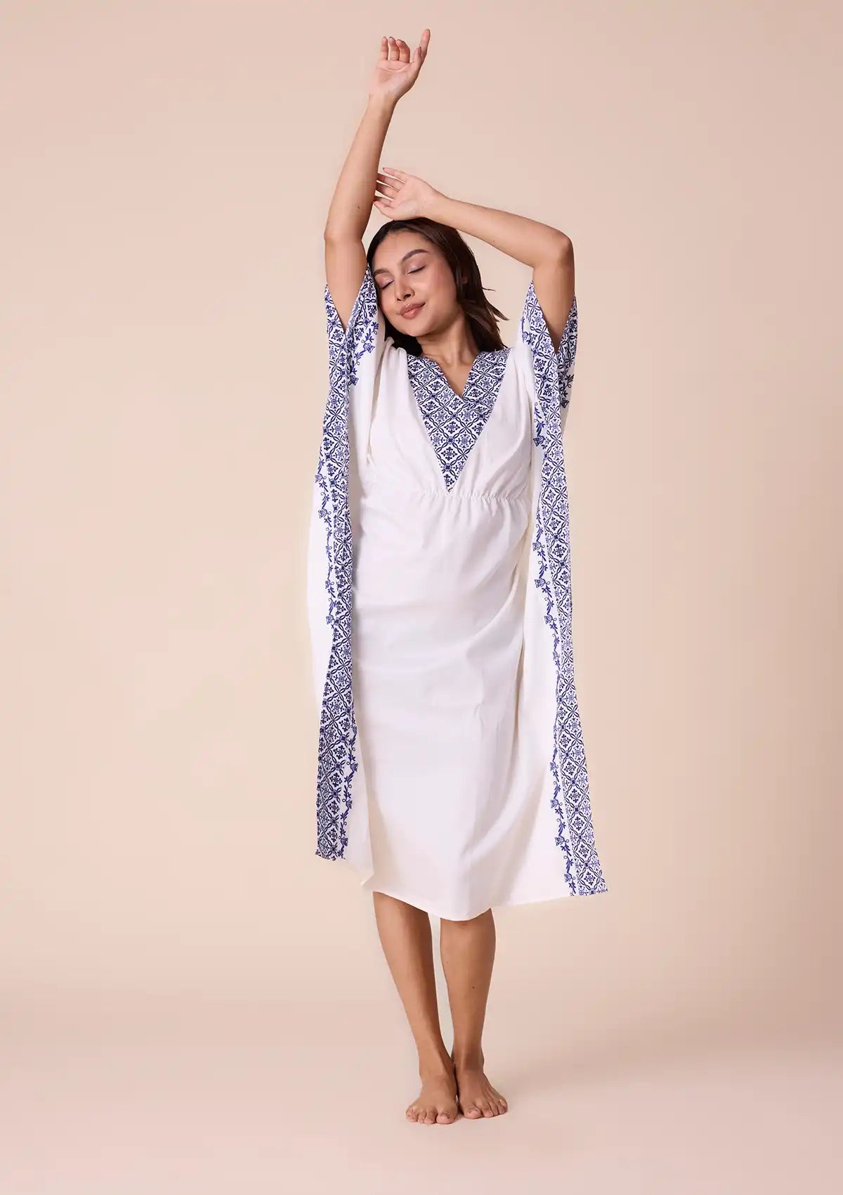 Candela Solid kaftan with printed panel and embroidered hem For Women