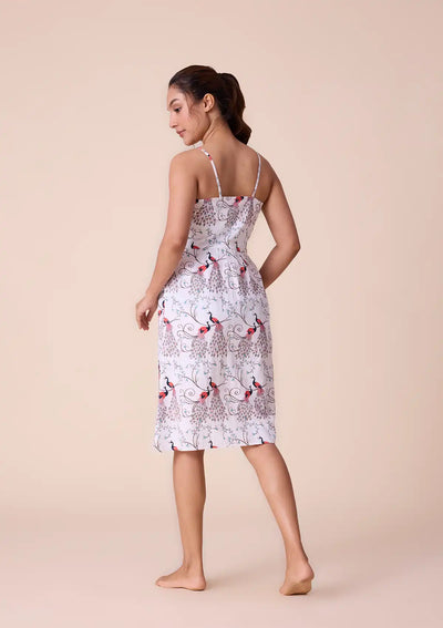 Heraia - Printed Strap Dress with Lace Panel in Cotton Satin