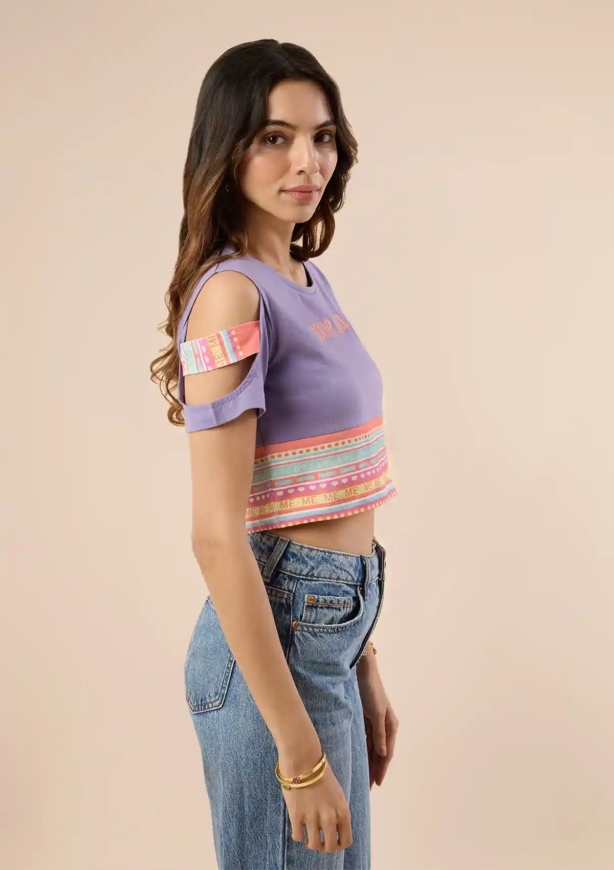 Purple Slashed Sleeve Crop Tops
