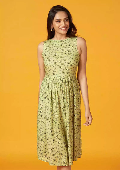 Serene Meadow - Retro Printed A-line Dress