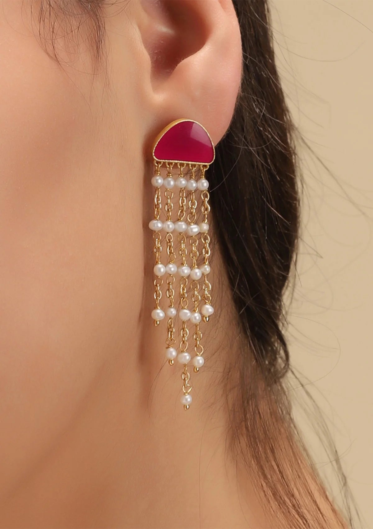 Statement pink enamel tassel earrings for women