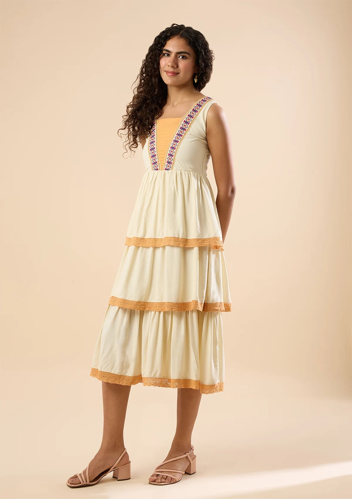 Tierra Midi Embroidered Tier Dress for women by IshqME