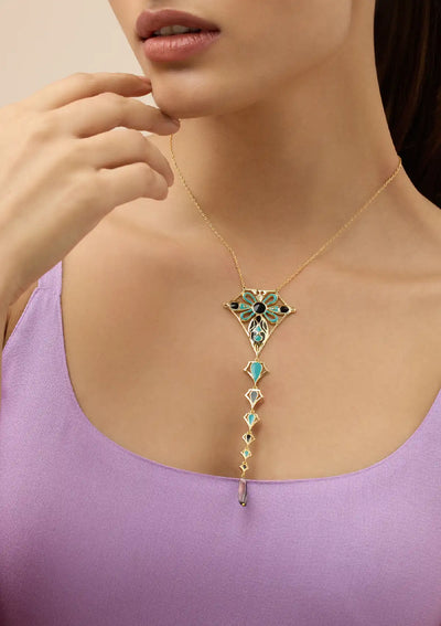 Turquoise and Black Enamel with Onyx Drop Necklace