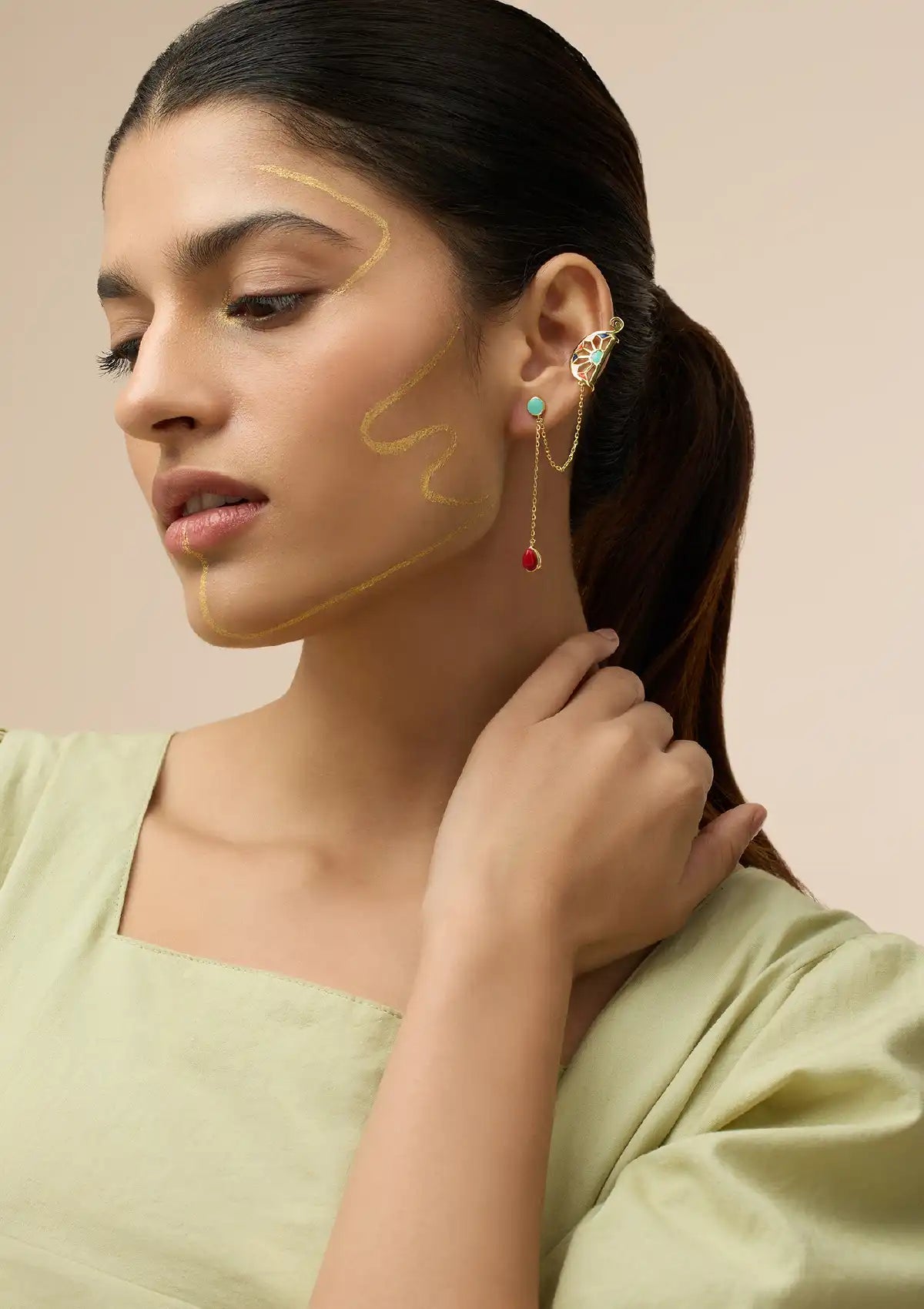 Turquoise enamel coral drop ear cuff for women