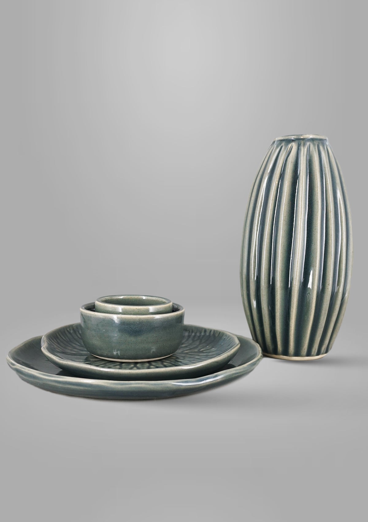 IshqME's Grey Green Grace: Ceramic Serving Set & Bouquet Vase Combo - IshqMe