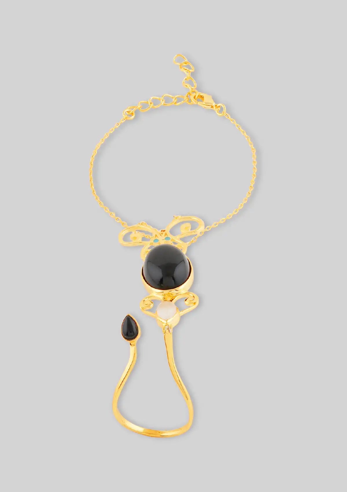 Women's gold plated rose quartz and black onyx hand chain with attached ring bracelet