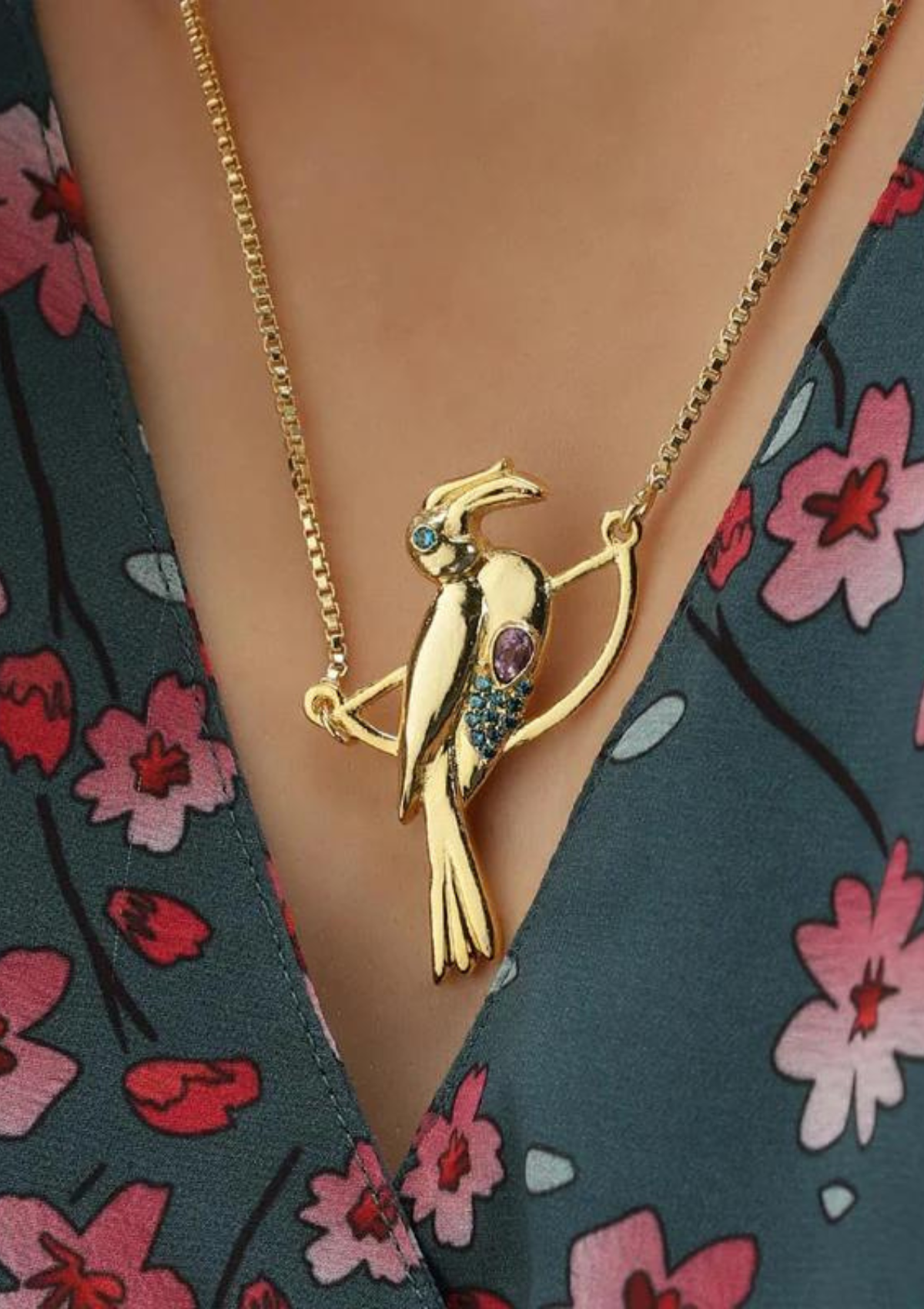 Women's gold plated amethyst stone bird pendant necklace
