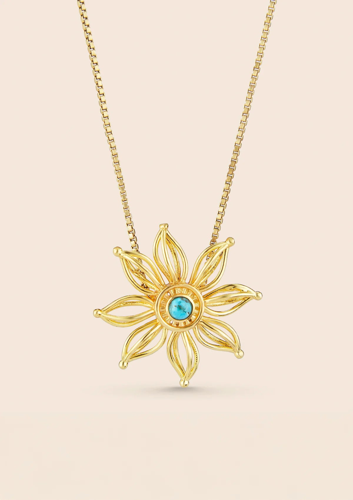 Women's gold plated turquoise firewheel flower pendant necklace