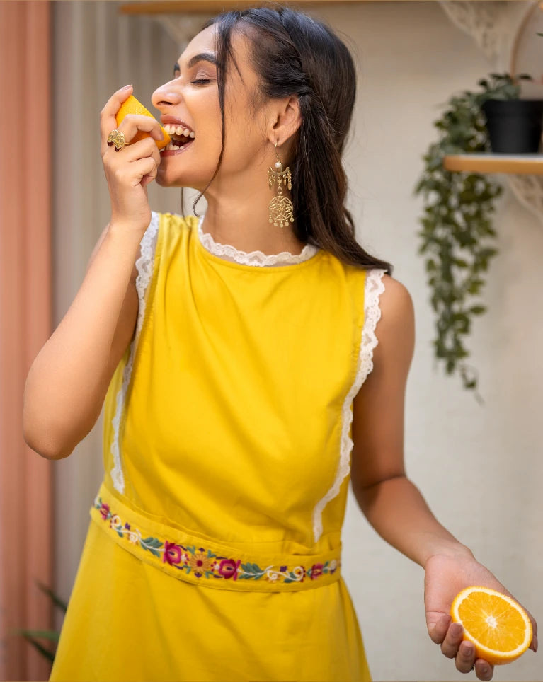 El Sol - Mustard Midi Embroidered crew neck dress for women