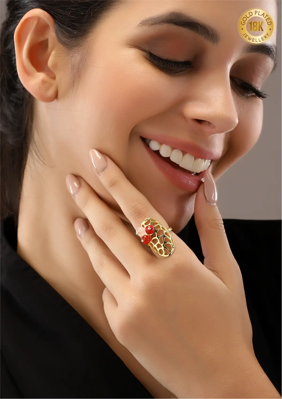 18K gold plated Adjustable Oval beaded Ring