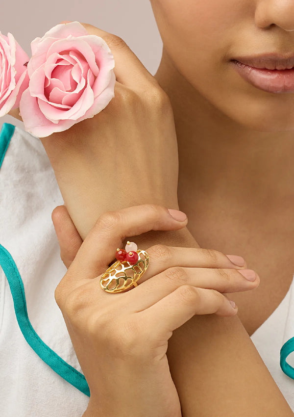 18K Gold Plated Adjustable Oval beaded Ring