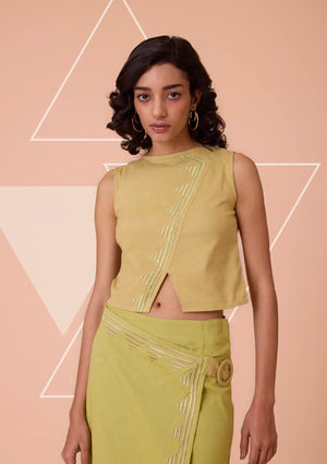 Aurenya Cross Panel Linen Embroidered Crop Top