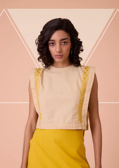 Kallista Collar Band Neck and Embroidered Crop Top