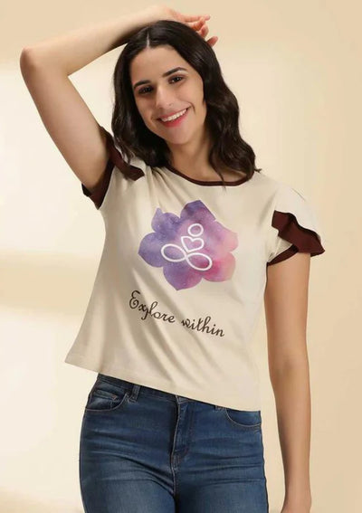 Beige Crop Top with Petal Sleeves paired with denim pants