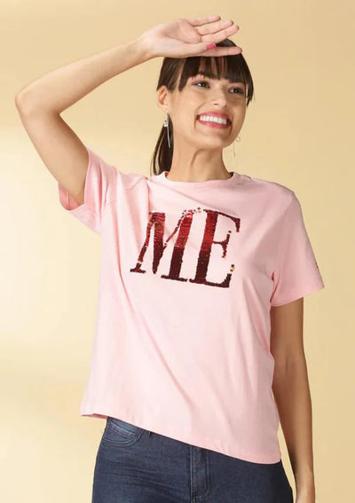 Front view of Reversible Sequin T-shirt featuring pink and golden sequins