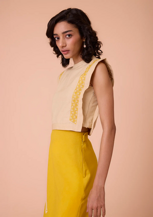 Kallista Collar Band Neck and Embroidered Crop Top