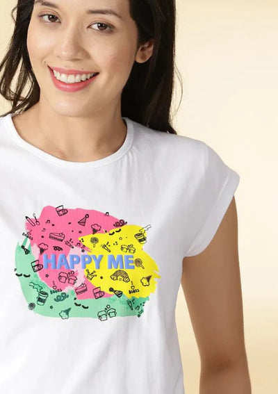 Front view of Happy Me T-Shirt with embossed print and keyhole back​