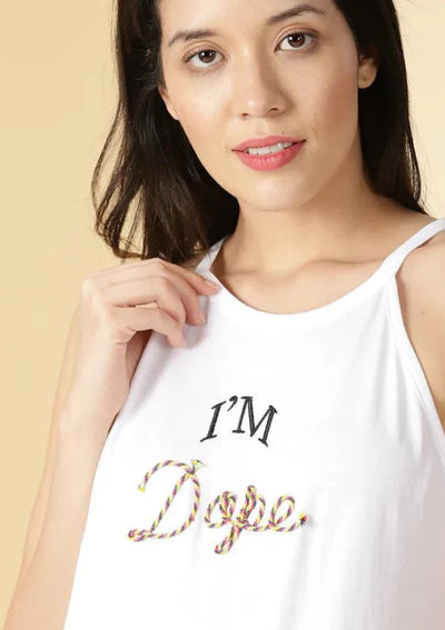 Detailed view of multicolour thread embroidery on White Sleeveless T-Shirt