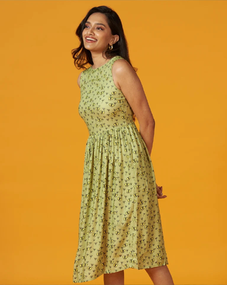 Serene Meadow - Retro Printed A-line Dress for women