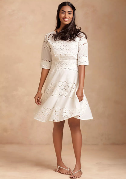 Astra - Charming White Schiffli Dress