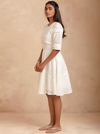 Astra - Charming White Schiffli Dress