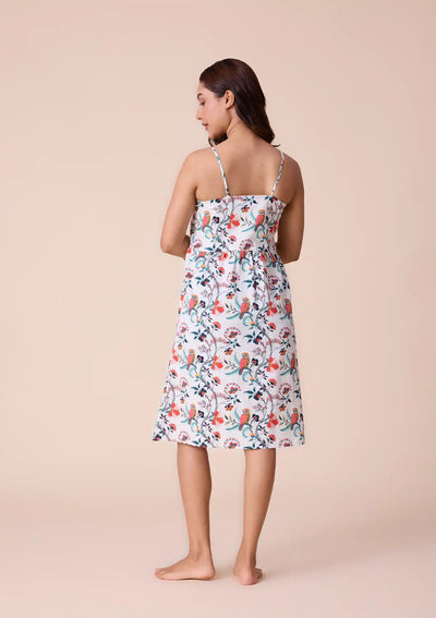 Athena - Printed Strap Dress with Lace Panel in Cotton Satin