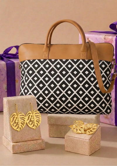 Blooming Beginnings Graduation Gift for Her | Handcrafted Laptop Bag, Leaf Earrings & Tropical Leaf Clip